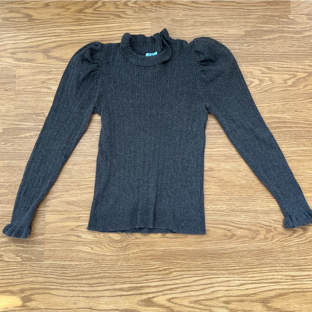 CeCe Ruffle Trim Ribbed Mock Neck Sweater | Women’s Medium | Gray